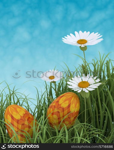 3D render of easter eggs in spring flowers