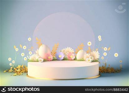 3D render of Easter greeting background banner with product podium platform, eggs, and flower
