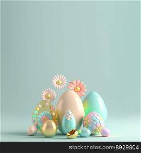 3D Render of Eggs and Flowers for Easter Background