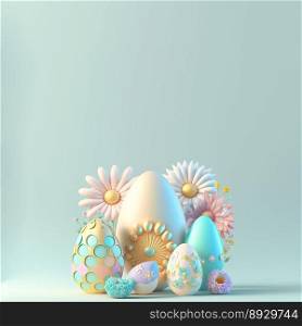 3D Render of Eggs and Flowers for Easter Day Background