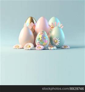 3D Render of Eggs and Flowers for Easter Day Celebration Background