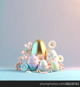 3D Render of Eggs and Flowers for Easter Day Greeting Card Background