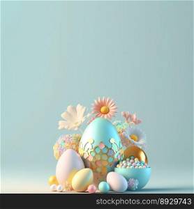 3D Render of Eggs and Flowers for Easter Day Party Background