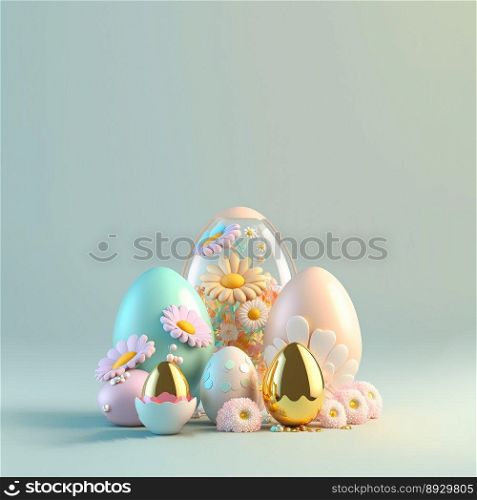 3D Render of Eggs and Flowers for Easter Festive Background