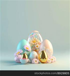 3D Render of Eggs and Flowers for Easter Festive Background