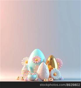 3D Render of Eggs and Flowers for Easter Greeting Card Background