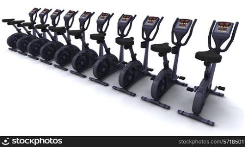 3D render of exercise bikes isolated on white