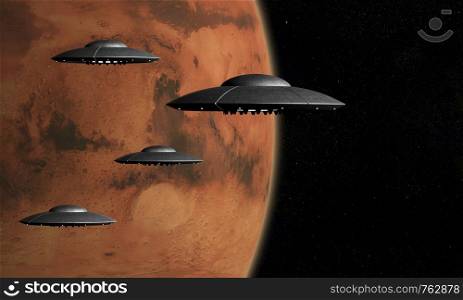 3d render of flying saucers over stars background and Mars planet