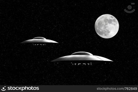 3d render of flying saucers over stars background and moon