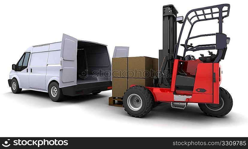 3d render of forklift truck loading a van