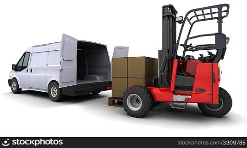 3d render of forklift truck loading a van