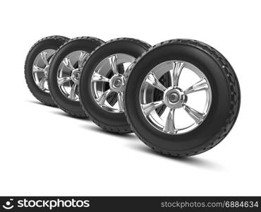 3d render of four car wheels with tires