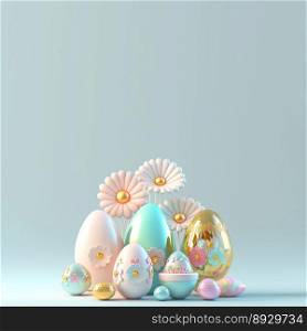 3D Render of Glossy Eggs and Flowers for Easter Background