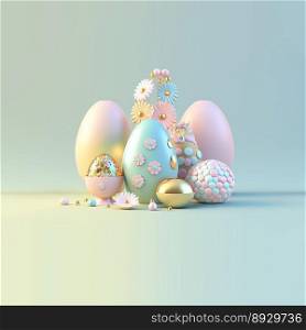 3D Render of Glossy Eggs and Flowers for Easter Celebration Background