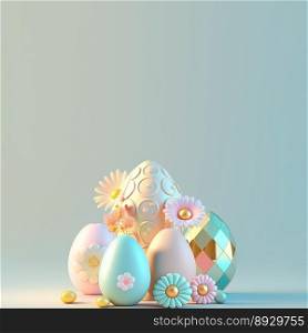 3D Render of Glossy Eggs and Flowers for Easter Day Festive Background