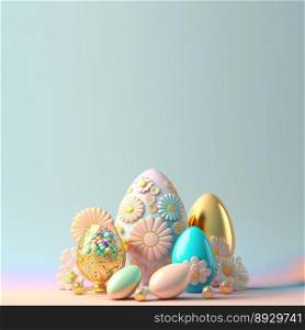 3D Render of Glossy Eggs and Flowers for Easter Day Greeting Card Background