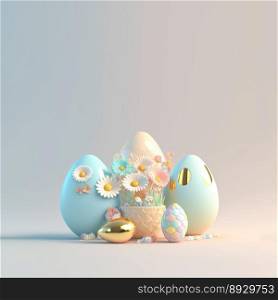 3D Render of Glossy Eggs and Flowers for Easter Day Party Background