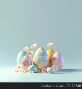 3D Render of Glossy Eggs and Flowers for Easter Festive Background