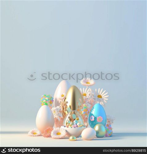 3D Render of Glossy Eggs and Flowers for Easter Festive Background