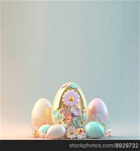 3D Render of Glossy Eggs and Flowers for Easter Greeting Card Background