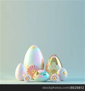 3D Render of Glossy Eggs and Flowers for Easter Greeting Card Background
