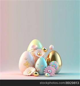 3D Render of Glossy Eggs and Flowers for Easter Party Background