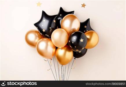 3D Render of Gold and Black Balloons on a white Background, empty space Ai generated. Ai generated