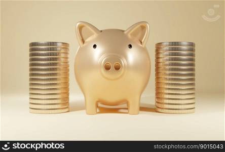 3d render of Gold piggy bank with gold coin stacks finance savings investment concept background