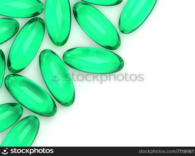 3d render of green gel capsules and place for text