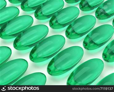 3d render of green gel pills in row