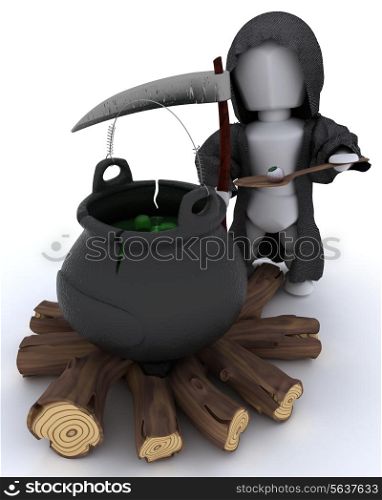 3D render of grim reaper with cauldron of eyeballs on log fire