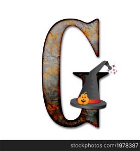 3D render of halloween alphabet capital letter with wizard hat embellished with pumpkin. 3D render of halloween alphabet capital letter with hat
