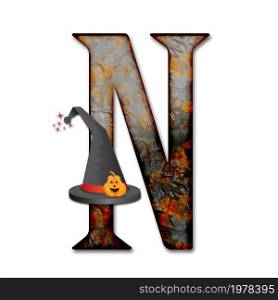 3D render of halloween alphabet capital letter with wizard hat embellished with pumpkin. 3D render of halloween alphabet capital letter with hat
