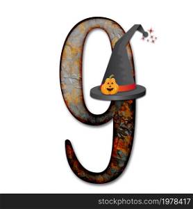 3D render of halloween number with wizard hat embellished with pumpkin. 3D render of halloween numer with hat