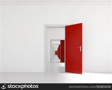 3d render of hallway with many red doors
