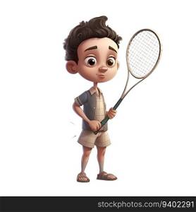 3D Render of Little Boy with Tennis Racket on White Background