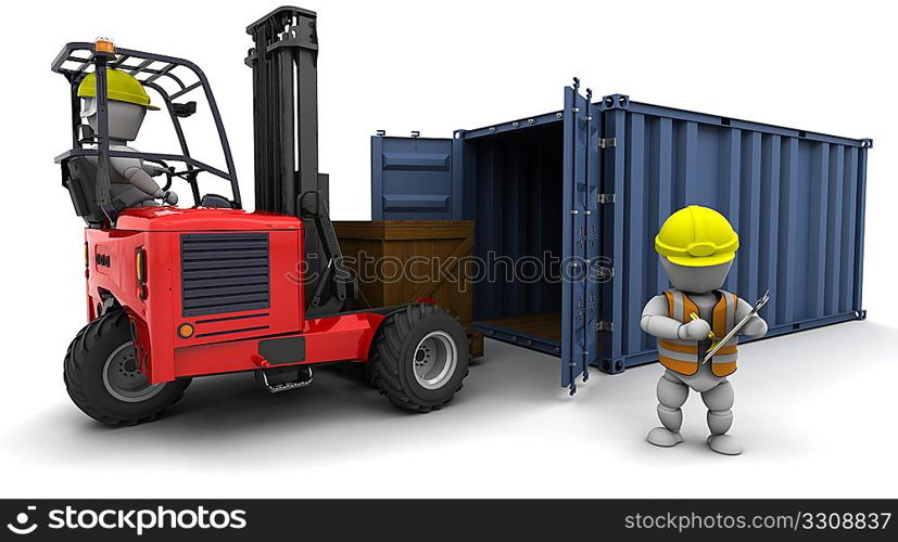 3d render of man in forklift truck loading a container