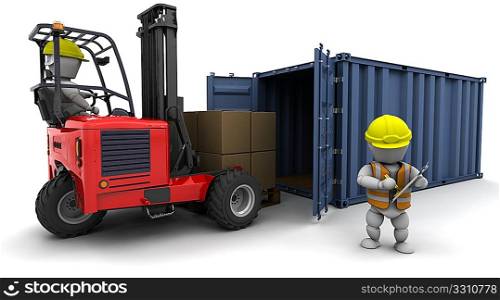 3d render of man in forklift truck loading a container