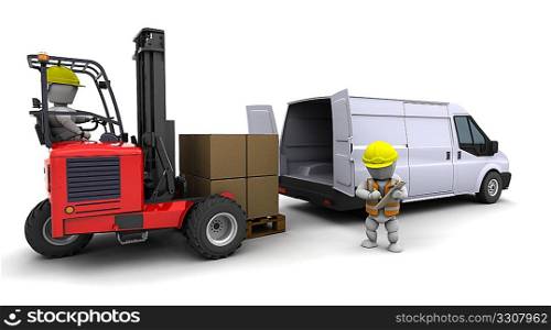 3d render of man in forklift truck loading a van