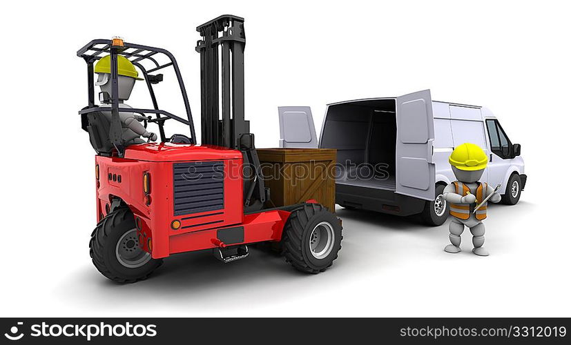 3d render of man in forklift truck loading a van