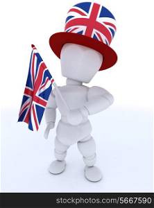 3D render of Man in Union Jack Hat with Flag