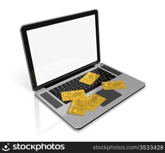 3D render of many gold credit cards on a laptop - isolated on white with clipping path. gold credit cards on laptop