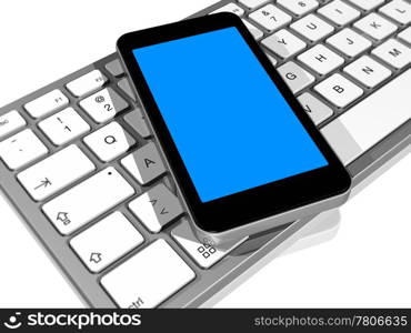 3D render of mobile phone on a computer keyboard. mobile phone on a computer keyboard