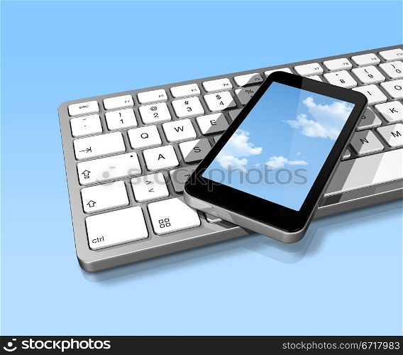 3D render of mobile phone with sky screen on a computer keyboard. Isolated on blue. mobile phone on a computer keyboard