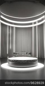 3d render of modern stage with white curtain. podium and armchairs