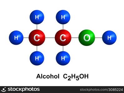 3d render of molecular structure of alcohol isolated over white backgroundAtoms are represented as spheres with color and chemical symbol coding: hydrogen(H) - blue, oxygen(O) - green, carbon(C) - red