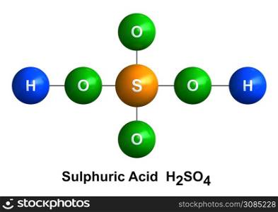 3d render of molecular structure of sulfuric acid isolated over white backgroundAtoms are represented as spheres with color and chemical symbol coding: hydrogen(H) - blue, oxygen(O) - green, sulfur(S) - orange.