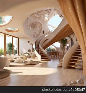 3D render of one floor house interior. A concept of a modern area. colorful and curv stairs.