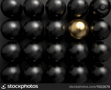 3d render of one golden ball among black plastic ball. Concept of leadership and diversity. Beatiful 3d illustration in black and golden colours. 3d rending of one golden ball among black plastic ball. Concept of leadership and diversity. Beatiful 3d illustration in black and golden colours