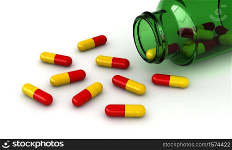 3d render of pills and a phial over white background